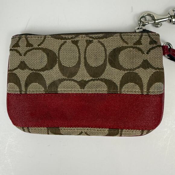 Coach Small Wristlet Signature Logo Tan Red Canvas Wrist Wallet Zipper - Picture 4 of 8